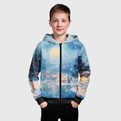 Толстовка на молнии детская Новогодняя атмосфера - акварель, цвет: 3D-черный — фото 2