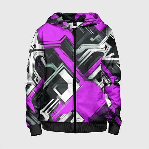 Детская толстовка на молнии Бело-фиолетовый техно паттерн на чёрном фоне / 3D-Черный – фото 1