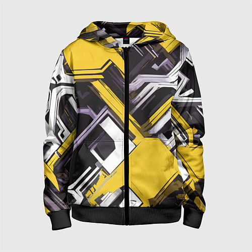 Детская толстовка на молнии Бело-жёлтый техно паттерн на чёрном фоне / 3D-Черный – фото 1