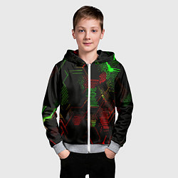Толстовка на молнии детская Красно-зелёные точки и линии на чёрном фоне, цвет: 3D-меланж — фото 2