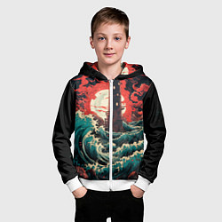 Толстовка на молнии детская Маяк и волны в японском стиле, цвет: 3D-белый — фото 2