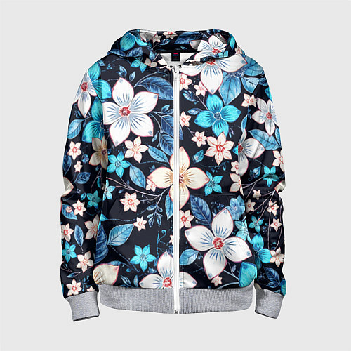 Детская толстовка на молнии Сине-белые цветы на чёрном фоне / 3D-Меланж – фото 1