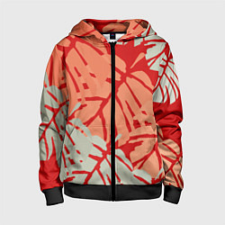 Детская толстовка на молнии Отпечатки монстеры на красном