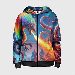 Детская толстовка на молнии Огнедышащий дракон против осьминога - нейроарт фан