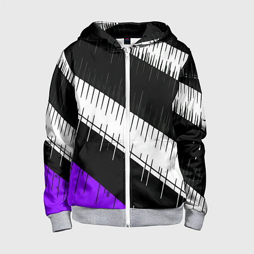 Детская толстовка на молнии Диагональные чёрно-белые полосы на фиолетовом фоне / 3D-Меланж – фото 1