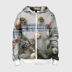 Толстовка на молнии детская Новогодние украшения, цвет: 3D-белый