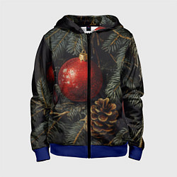 Детская толстовка на молнии Красные новогодние шары с шишкой