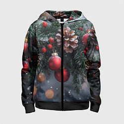 Детская толстовка на молнии Красные игрушки на елке и шишки