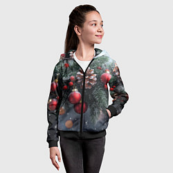 Толстовка на молнии детская Красные игрушки на елке и шишки, цвет: 3D-черный — фото 2