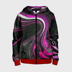 Детская толстовка на молнии Волнистые бело-розовые линии на чёрном фоне