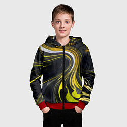 Толстовка на молнии детская Волнистые бело-жёлтые линии на чёрном фоне, цвет: 3D-красный — фото 2