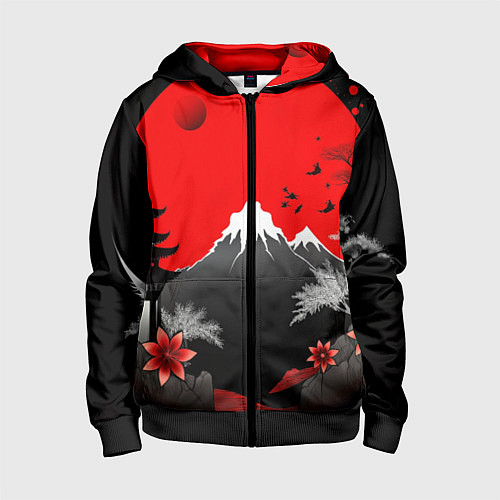Детская толстовка на молнии Японская гора и красная луна / 3D-Черный – фото 1