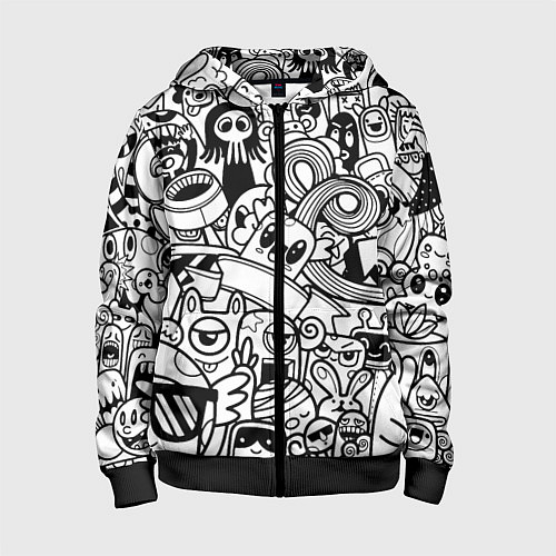 Детская толстовка на молнии Black and white doddle monsters / 3D-Черный – фото 1