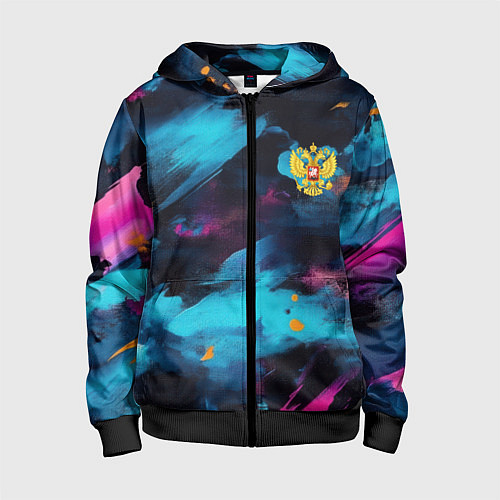 Детская толстовка на молнии Герб РФ на текстурном камуфляже / 3D-Черный – фото 1