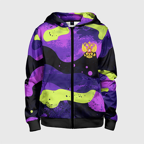 Детская толстовка на молнии Черно-фиолетовый камуфляж и золотой герб РФ / 3D-Черный – фото 1