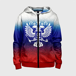 Толстовка на молнии детская Герб России на фоне флага текстурный, цвет: 3D-красный