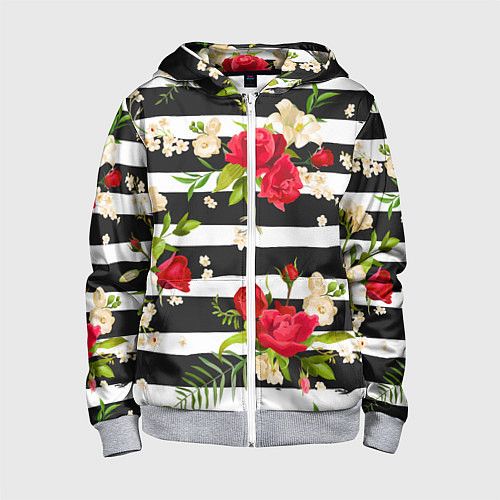 Детская толстовка на молнии Красные розы на черных полосках / 3D-Меланж – фото 1