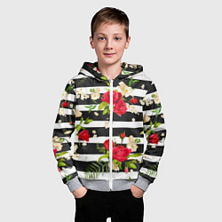 Толстовка на молнии детская Красные розы на черных полосках, цвет: 3D-меланж — фото 2