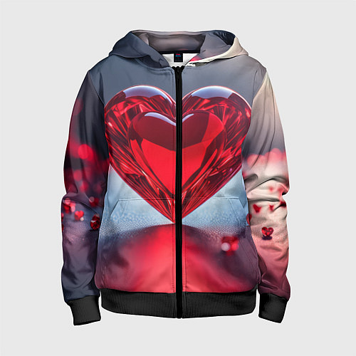 Детская толстовка на молнии Хрустальное красное сердце на сером фоне с боке / 3D-Черный – фото 1