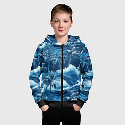 Толстовка на молнии детская Пальмы и волны - голубые оттенки паттерн, цвет: 3D-черный — фото 2