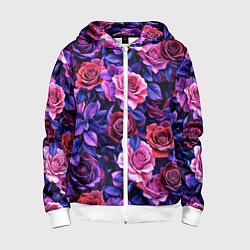 Толстовка на молнии детская Разноцветные цветы - синие розы паттерн, цвет: 3D-белый