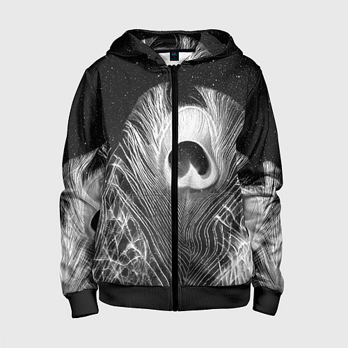 Детская толстовка на молнии Изогнутые белые перья павлина - чб иллюстрация / 3D-Черный – фото 1