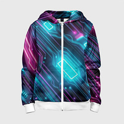 Толстовка на молнии детская Неоновый узор киберпанк микросхемы, цвет: 3D-белый