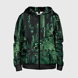 Толстовка на молнии детская Чёрно-зелёный абстракция точки полоски, цвет: 3D-черный