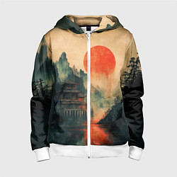 Толстовка на молнии детская Старый Японский монастырь, цвет: 3D-белый