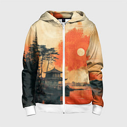 Толстовка на молнии детская Рыбацкий дом на закате, цвет: 3D-белый