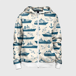 Детская толстовка на молнии Морской паттерн из чаек, якорей и кораблей