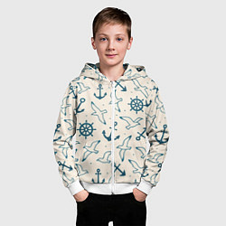 Толстовка на молнии детская Морской паттерн из штурвалов, чаек и якорей, цвет: 3D-белый — фото 2