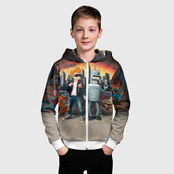 Толстовка на молнии детская Фрай и Бендер на фоне стены с граффити, цвет: 3D-белый — фото 2