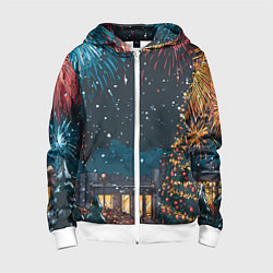 Толстовка на молнии детская Новогодний салют, цвет: 3D-белый