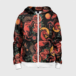 Толстовка на молнии детская Красная лошадь с розами, цвет: 3D-белый