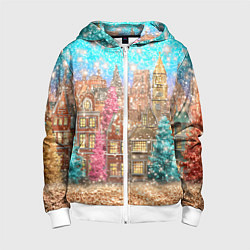 Толстовка на молнии детская Новогодний город в блестках, цвет: 3D-белый