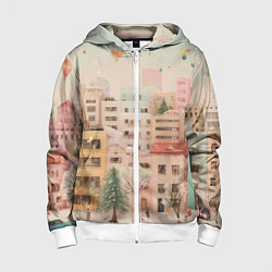 Толстовка на молнии детская Объемный новогодний город, цвет: 3D-белый