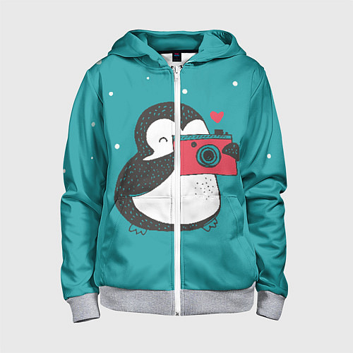 Детская толстовка на молнии Пингвин с фотоаппаратом / 3D-Меланж – фото 1