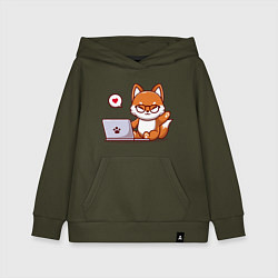 Толстовка детская хлопковая Cute fox and laptop, цвет: хаки