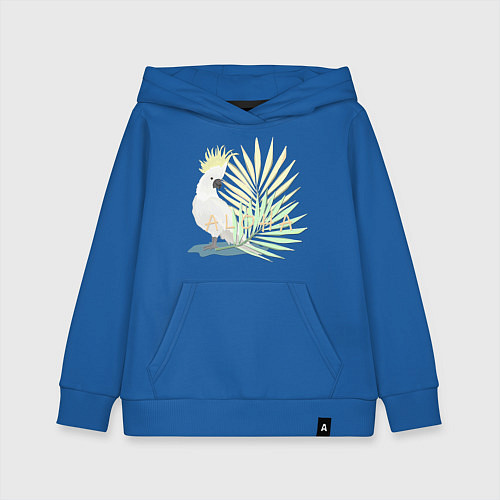 Детская толстовка-худи Белый попугай с хохолком на фоне листьев пальмы / Синий – фото 1