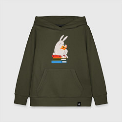 Толстовка детская хлопковая Читающий кролик на книгах, цвет: хаки