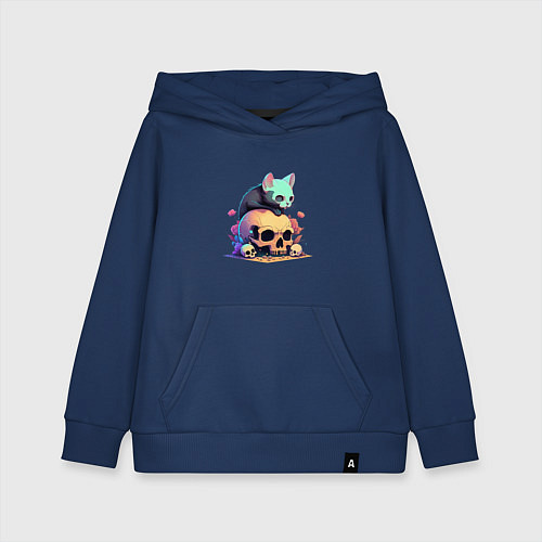 Детская толстовка-худи Черный кот на черепе / Тёмно-синий – фото 1