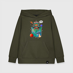 Толстовка детская хлопковая Кот космонавт в кармане, цвет: хаки