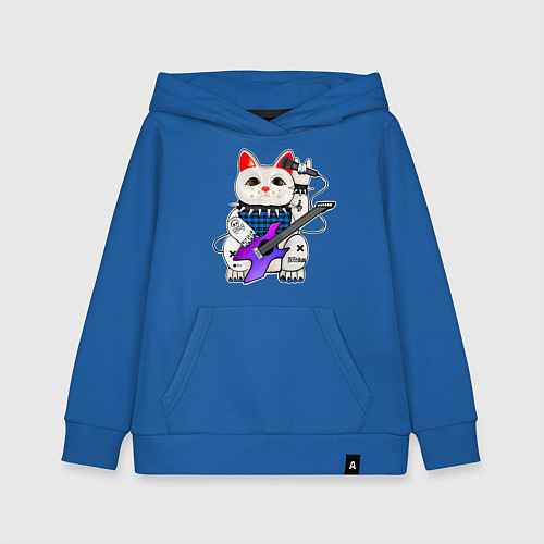Детская толстовка-худи Рок кот нэко с микрофоном и гитарой / Синий – фото 1