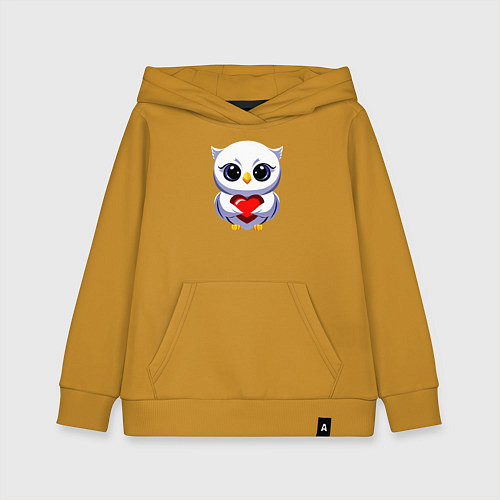 Детская толстовка-худи Совенок белый с сердечком / Горчичный – фото 1