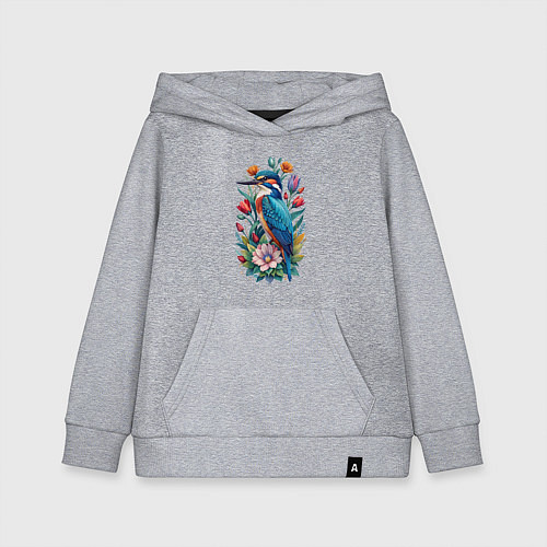 Детская толстовка-худи Птица зимородок среди цветов / Меланж – фото 1