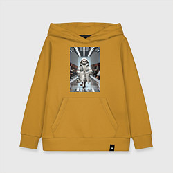 Толстовка детская хлопковая Кошка модель на подиуме в белом плаще дефиле живот, цвет: горчичный