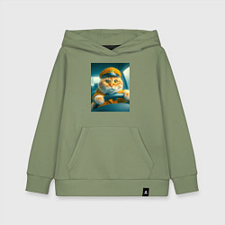Толстовка детская хлопковая Рыжий кот опытный водитель - нейроарт, цвет: авокадо