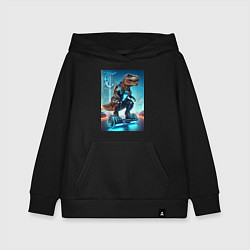 Толстовка детская хлопковая Cyber tyrannosaur on a hoverboard - neon glow fant, цвет: черный