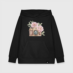 Толстовка детская хлопковая Фотоаппарат с пионами, цвет: черный